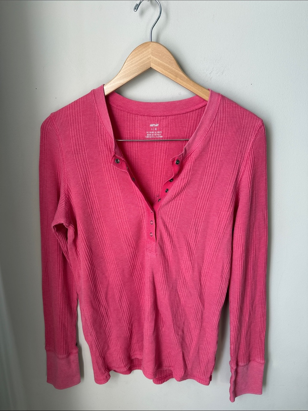 Aerie Pink Waffle Knit Thermal Henley Long Sleeve Top Large